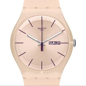 Swatch ROSE REBEL (SUOT700) has a pale pink silicone strap.